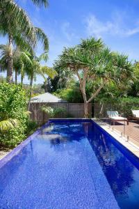 a blue swimming pool in a yard with palm trees at Away Guesthouse- Away on Shirley Lane in Byron Bay