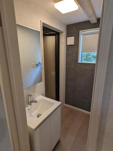 a bathroom with a sink and a mirror at Summit Chalets in Hakuba