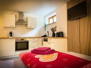 マールベルクにあるDeine-Ferienwohnungの赤いベッドが備わるキッチン
