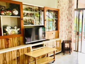 a living room with a tv and a wooden wall at Belle Maison F3 in Papeete