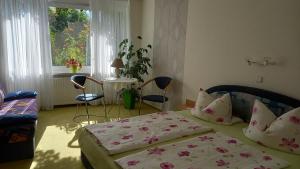 ein Schlafzimmer mit einem Bett und Stühlen sowie einem Fenster in der Unterkunft Pension Füg in Dresden