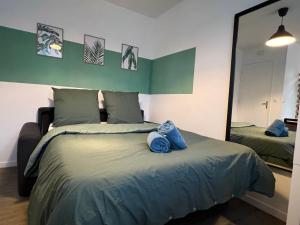 a bedroom with a bed and a large mirror at Le petit Sartrouville à 20 min de Paris en RER A in Sartrouville