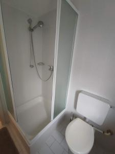 y baño con ducha, aseo y ducha. en Room in BB - Pension Forelle - Doppelzimmer en Forbach