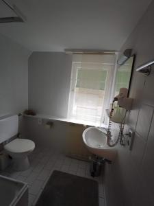 bagno con lavandino, servizi igienici e finestra di Room in BB - Pension Forelle - Doppelzimmer a Forbach