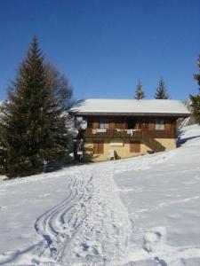 una casa nella neve con le impronte nella neve di Chalet Leiggener a Rosswald