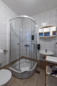 La salle de bains est pourvue d'une douche et d'un lavabo. dans l'établissement B&B Restoran Bosiljevo, à Bosiljevo
