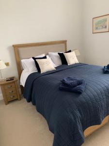 a bedroom with a large blue bed with pillows at The Apartment Mount Galpine in Dartmouth