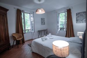 ein Schlafzimmer mit einem Bett und zwei Fenstern in der Unterkunft Gîte du chemin des Dames in Montauban