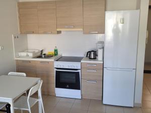 uma cozinha com um frigorífico branco e uma mesa em City center luxury studio em Caristo