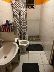 a bathroom with a shower and a toilet and a sink at Resident Emiterio in Blue Bay