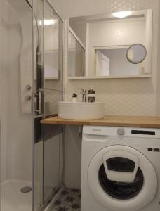 uma casa de banho com uma máquina de lavar roupa e um lavatório em Le spacieux proche part Dieu em Villeurbanne