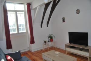 uma sala de estar com uma televisão de ecrã plano na parede em Château des Princes " Fleur de Lys " em Sedan