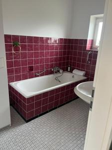 a red tiled bathroom with a tub and a sink at Ferien Haus Im Alten-Land Die Lühe vor der Tür in Steinkirchen +21 photos