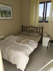 1 Schlafzimmer mit 2 Betten und weißer Bettwäsche in der Unterkunft Ο κόκορας in Artemida