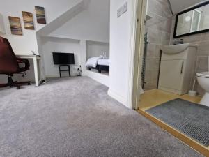 a bathroom with a toilet and a sink and a television at Nice Living Serviced Accommodations 9 (King-Size Studio Flat + Kitchen) in Coventry
