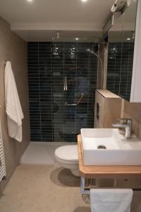 a bathroom with a sink and a toilet and a shower at Charmant Appartement T2 Parking & Terrasse - Crêt de la Roche in Aix-les-Bains