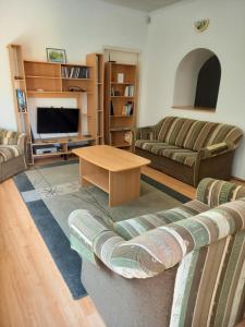 uma sala de estar com um sofá e uma mesa em Spacious home em Gödöllő