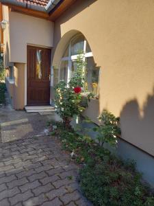una casa con una puerta y una flor a un lado en Spacious home, en Gödöllő