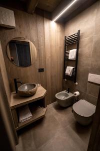 uma casa de banho com um lavatório, um WC e um espelho. em Le Suites de San Campel RTA em Ponte di Legno