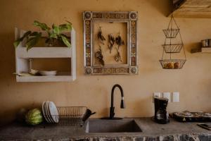 a kitchen with a sink and a mirror on the wall at Casa Jasmin Bed & Breakfast in Troncones