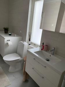biała łazienka z toaletą i umywalką w obiekcie Natursköna w mieście Borås