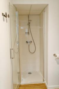 a shower with a glass door in a bathroom at Nemea Appart Hotel Coliseum Amiens Centre in Amiens