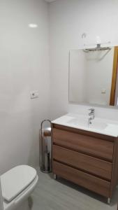 アルコセブレにあるCoqueto apartamento en el centro de alcocebreの洗面台、トイレ、鏡のあるバスルーム