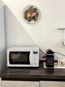 a microwave on a counter with a plate of food at La casa di Nonna Celeste in Brindisi