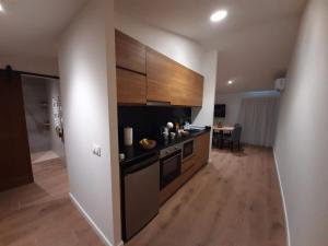uma cozinha com armários de madeira e uma bancada em Apartaments Vall del Corb 1 Garrotxa 