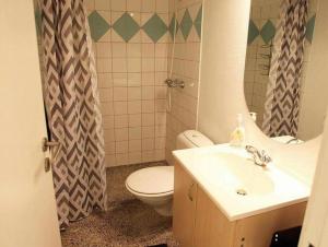 a bathroom with a sink and a toilet and a mirror at Whole Apartment 20 minutes from the city center in Søborg
