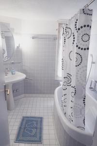 een badkamer met een bad en een douchegordijn bij Lake Rooms in Därligen