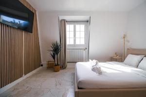 a bedroom with a bed and a tv on a wall at Typical Parisian Studio in Le Marais in Paris