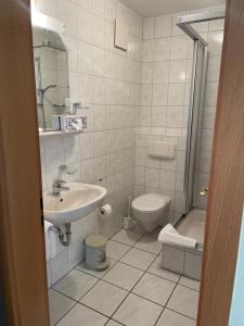 a bathroom with a sink and a toilet at Landgasthof - Braukeller - Fattigau in Oberkotzau