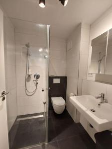 uma casa de banho com um chuveiro, um WC e um lavatório. em Schloßtheater Ecostay em Münster