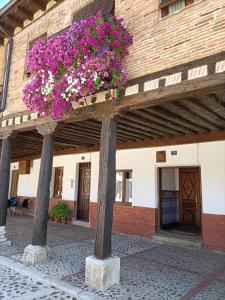 Ein Pflanzer voller rosa Blumen auf einem Gebäude in der Unterkunft Casa Histórica Aldana, Plaza Vieja in Saldaña