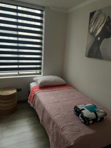 a bedroom with a bed and a large window at Hermoso departamento in Iquique