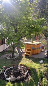 un arbre et une baignoire en bois dans une cour dans l'établissement CASARMONIA, à Peumos