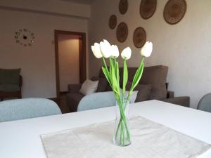 H&H Suite Plaza de Toros في غرناطة: مزهرية من الزهور البيضاء تقف على طاولة