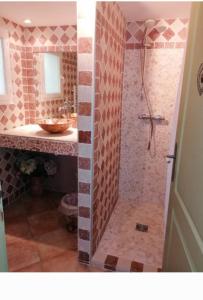 La salle de bains est pourvue d'une douche à l'italienne et d'un lavabo. dans l'établissement Le gîte d'Anthénéa, à Saint-Christol-lès-Alès