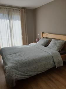 Un pat sau paturi într-o cameră la Chalet chaleureux et familial