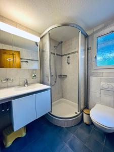 La salle de bains est pourvue d'une douche, d'un lavabo et de toilettes. dans l'établissement Chalet Tobeleck - CharmingStay, à Flumserberg