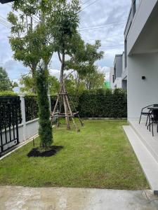 un jardín con un árbol en medio de un patio en Cheri’s homestay现代两层独栋别墅，4卧4卫，3日送接机1周接送机,近Mega邦纳, en Bangkok