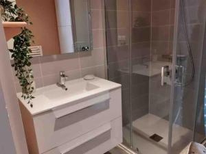 uma casa de banho com um lavatório e um chuveiro em Maison rénovée - draps inclus - 700m plage em Barbâtre