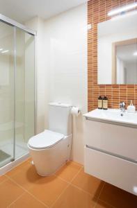uma casa de banho com um WC, um lavatório e um chuveiro em AG Piso Mar do Barbanza I a 150m de playa para 6 em Boiro