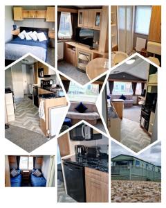 eine Collage mit Fotos von einer Küche und einem Wohnzimmer in der Unterkunft Herons Mead Touring Park and Fishing Lakes - Plot 18 in Orby