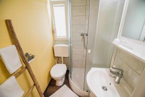 uma pequena casa de banho com WC e lavatório em Studio Mobile Home Gotar em Kobarid