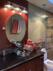 een badkamer met een wastafel en een spiegel bij Forest & City Views - Near Portland, Nike & Intel in Beaverton