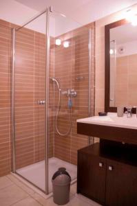 La salle de bains est pourvue d'une douche et d'un lavabo. dans l'établissement L'orée des pistes à Briançon, à Briançon