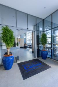 duas plantas em grandes vasos azuis em um lobby do escritório em Hotel Caiuá Blumenau em Blumenau