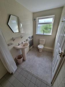 uma casa de banho com um lavatório, um WC e uma janela. em Elgar Escape em Barnstaple